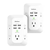 2 Pack USB Wall Charger Surge Protector, Multi Plug Outlet with 5 Outlet Extender and 4 USB Charging Ports (1 USB C Outlet) 3 Sided 1800J Power Bar Outlet Extender, Plug Adapter for Home Travel Office