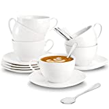 Foraineam Espresso Cups with Saucers and Spoons, 6 oz White Tea Cup Set, Porcelain Coffee Cup and Saucer Set with Stainless Steel Spoon for Specialty Coffee Drinks, Latte, Cafe Mocha and Tea, Set of 6