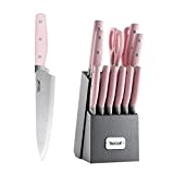 hecef Kitchen Knife Block Set, 14 Pieces Knife Set with Wooden Block & Sharpener Steel & All-Purpose Scissors, High Carbon Stainless Steel Cutlery Set