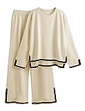 Tanming Women's 2 Piece Outfits Long Sleeve Knit Sweater Top Wide Leg Pants Lounge Sets Tracksuits (Apricot-M)