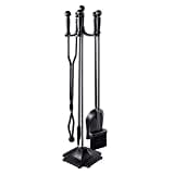 WBHome Fireplace Tools Set 5 Pieces Wrought Iron Fireset Fire Pit Poker Wood Stove Log Tongs Holder Fireplace Tool Set with Pedestal Place, 32 Inch (Black All)