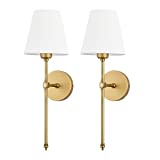 Bsmathom Wall Sconces Sets of 2, Classic Brushed Brass Sconces Wall Lighting, Hardwired Bathroom Vanity Light Fixture with Fabric Shade for Bedroom Living Room Hallway Kitchen, Gold