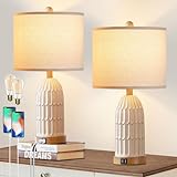 Table Lamps for Bedroom Set of 2, Farmhouse 3-Way Dimmable Touch Lamp for Nightstand with 2 USB Charging Ports, White Vintage Rustic Boho Bedside Lamp for Living Room End Table (Bulbs Included)