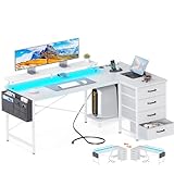 ODK L Shaped Desk with USB Charging Port & Power Outlet, White Desk 55 Inch Computer Desk with 4 Tier Drawer & Monitor Shelf for Home Office Workstation, Writing Desk Corner Desk