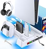 OIVO PS5 Stand with Suction Cooling Fan and Dual Controller Charger Station for PlayStation 5 PS5 Console, Suction Cooler Fan with Charging Dock Station and 12 Games Storage- 2 IN1 Cable Included