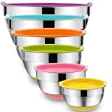 Umite Chef Mixing Bowls with Airtight Lids, 6 Piece Stainless Steel Metal Bowls, Measurement Marks & Colorful Non-Slip Bottoms Size 7, 3.5, 2.5, 2.0,1.5, 1QT, Great for Mixing & Serving