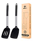 Pack of 2 Silicone Slotted Spatula,Non Stick Solid Kitchen Turner, High Heat Resistant BPA Free Cooking Utensils for Fish, Eggs, Pancakes (Black)