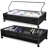 2 Pack Under Bed Storage with Wheels, DEWVIE Metal Under Bed Storage Containers with PVC Clear Lids, Rolling Under Bed Shoe Storage Organizer Under Bed Drawers for Clothes, Books, Toys