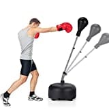 GYMAX Freestanding Punching Bag, Integrated PU Reflex Bag w/ 6 Suction Cups, 55"-62.5" Adjustable Height, Attached Boxing Gloves, Easy to Carry, Boxing Bag for Stress Relief, Fitness (Black)