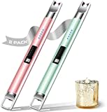 Candle Lighter 2 Pack,Electric Lighter USB Rechargeable Long Plasma Arc BBQ Lighter Windproof&Flameless with LED Battery Display for Candles, Gas Stove, Grill (Green&Rose Gold)