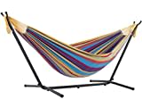 Vivere Double Cotton Hammock with Space Saving Steel Stand and Carry Bag in Tropical