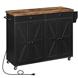 HOOBRO 110 cm Kitchen Island with Storage, Rolling Kitchen Island with Charging Station, Kitchen Island Cart with Spice Rack and Towel Rack, for Kitchen, Living Room, Rustic Brown and Black BF11UZD01