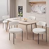 Nalupatio Dining Chairs Set of 4, Round Boucle Dining Room Chairs with Curved Backrest & Thick Cushion, Mid-Century Modern Upholstered Teddy Fabric Kitchen Side Chairs with Metal Legs,White