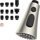 Hibbent Pull Down Kitchen Faucet Head Replacement, 3-Function Kitchen Faucet Head Sink Spray Nozzle with 12 Adapters Compatible with Moen, American Standard, Delta, Kohler Faucets, Brushed Nickel