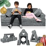 Lunix LX15 14pcs Modular Kids Play Couch, Child Sectional Sofa, Fortplay Bedroom and Playroom Furniture for Toddlers, Convertible Foam and Floor Cushion for Boys and Girls, Gray