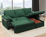 DURASPACE Sofa Bed Sleeper Pull Out 2 in 1 Sectional Sleeper Sofa Couches with Storage,USB, Cup Holder,Pullout Sectional Couches for Apartment Living Room (Green Linen)