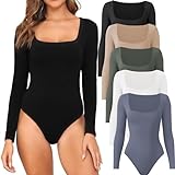 CE' CERDR 4/5 Pack Long Sleeve Bodysuits for Women Square Neck Body Suit Stretchy Tops