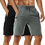 Boyzn Men's 2 Pack Casual Shorts Comfortable Cotton Workout Shorts Elastic Waist Gym Running Shorts with Zipper Pockets Black/Dark Grey-L