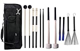 TUOREN Large Drum Sticks Bag with 6 Pair Drum Stick and Mallet Set Nylon Drum Sticks, Bamboo Jazz Drum sticks, Retractable Drum Wire Brushes, Bass Drum Mallet for Jazz Folk Rock Band Drummers