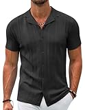 COOFANDY Men Short Sleeve Knit Shirt Vintaged Button Down Shirts Casual Summer Shirts Black