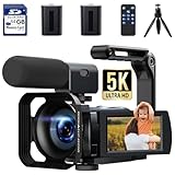 HOTPEAK Camcorder Video Camera 5K 56MP WIFI YouTube Vlogging Camera 3” 270° Rotatable Touchscreen Podcast Camera Recorder with 64G SD Card,Microphone,Handheld Stabilizer,Hood,Remote,2 Batteries,Tripod