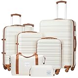 LONG VACATION Luggage Set 4 Piece Luggage Set ABS hardshell TSA Lock Spinner Wheels Luggage Carry on Suitcase((WHITE-BROWN, 6 piece set)