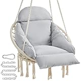 SONGMICS Hanging Chair, Hammock Chair with Large, Thick Cushion, Boho Swing Chair for Bedroom, Patio, Balcony, Garden, Living Room, Holds up to 264 lb, Cloud White and Gray UGDC042G01