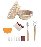 Bread Proofing Basket Set Of 2 Round and Oval, Banneton Proofing Basket + Danish Dough Whisk + Bread Scoring Lame + Stainless Steel Dough Scraper + Flexible Scraper, Sourdough Tools Kit, Baking Gifts