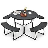 Tangkula 8 Person Picnic Table, Outdoor Round Picnic Table with 4 Built-in Benches, Umbrella Hole, Metal Frame & HDPE Tabletop, Outside Table and Bench Set for Garden, Backyard, Porch, Patio (Black)