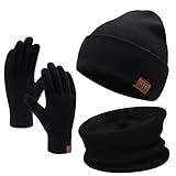 FZ FANTASTIC ZONE Mens Womens Beanie Hat Scarf Touchscreen Gloves Warm Knit Beanie Gloves Neck Warmer Set with Fleece Lined Black