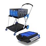 Folding Shopping Cart with Wheels, Collapsible Cart with Basket, 2-Layer Utility Carts, Outdoor Wagon for Groceries, Hand Truck (Folding Cart + Crate)