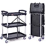 VEVOR Foldable Utility Service Cart, 3 Shelf 165LBS Heavy Duty Plastic Rolling Cart with Swivel Wheels (2 with Brakes), Ergonomic Handle, Portable Garage Tool Cart for Warehouse Office Home