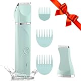 Waterproof Bikini Trimmer Women Electric Razor for Bikini Legs Pubic Hair Rechargeable Electric Shaver for Women Hair Removal with Snap-in Ceramic Blades IP7X Washable Head,Wet and Dry Use, Green