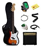 Stedman Beginner Series Bass Guitar Bundle with 15-Watt Amp, Gig Bag, Instrument Cable, Strap, Strings, Picks, and Polishing Cloth - Sunburst