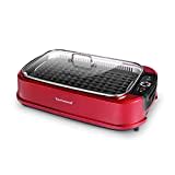 Techwood Indoor Smokeless Grill 1500W Electric Grill with Tempered Glass Lid, Compact & Portable Non-Stick BBQ Grill with Turbo Smoke Extractor Technology, Red