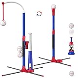 HYES 3 in 1 T Ball Set for Kids 3-5, Kids Baseball with Hanging Tee/Standing Tee/Automatic Launcher/6 Softballs, Adjustable Height Toddler Baseball Sets Indoor Outdoor Sport Gifts Toys for Boys, Blue