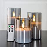 Eywamage Gray Glass Flameless Candles with Remote, Flickering LED Battery Candles 3 Pack for Home Seasonal Decor Gifts, D 3in H 4in 5in 6in