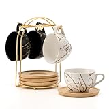 LUKA Ceramic Demitasse Espresso Cups Set with Saucers and Metal Stand, 8 oz Porcelain Stackable Cappuccino Cups Teacup For Tea, Espresso, Latte, Coffee, Cafe Mocha, Set of 4, White & Black