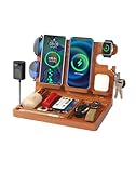 Desk Organizer Built in 4 Wireless Charger for Apple Devices,27W Fast Charging Station for 2 iPhone/Android,Apple Watch,Airpods,Phone iPad Stand,Wood Docking Station with Key Holder,Gifts or Men Dad