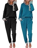 Ekouaer 2 Pack Womens Pajama Sets Long Sleeve Lounge Sets Soft Pj Loungewear Sleepwear Black & Blue Large