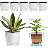 T4U 6 Inch Plastic Self Watering Planter, Long Term Water Storage Plant Pot/Macaron-Colored Flower Pots Outdoor Indoor Yard Garden Home Decoration, Large Size - Set of 6,White