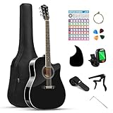 Moukey 41" Acoustic Guitar for Beginner Adult Teen Full Size Guitarra Acustica with Chord Poster, Gig Bag, Tuner, Picks, Strings, Capo, Strap Right Hand - Black