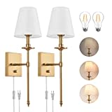 Dimmable Wall Lamp Wall Sconces Lighting Indoor, ENCOMLI Plug in Wall Sconces White Fabric Shade, Wall Light Fixture Luminaire Mural, Wall Lights Indoor Bedroom, LED Bulbs Included, Antique Brass