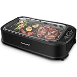 Techwood Indoor Smokeless Grill 1500W Electric Grill with Tempered Glass Lid, Compact & Portable Non-Stick BBQ Grill with Turbo Smoke Extractor Technology, LED Smart Control Panel (Upgraded Grill)