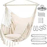 TORIBIO Large Hammock Chair Swing, 60"×41.5" Hanging Chair with Hanging Hardware Kit Hanging Rope Swing Hammock Swing with Side Pocket Metal Support Bar for Indoor Outdoor Patio Garden Bedrooms, White