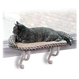 K&H Pet Products Deluxe Kitty Sill w/Bolster Cat Window Bed, Cat Window Perch for Large Cats, Cat Window Hammock, Cat Window Seat, Window Cat Bed, Cat Perch Cat Hammock –Tan Kitty Print