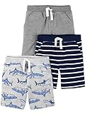 Simple Joys by Carter's Boys' Toddler Multi-Pack Knit Shorts, Navy/Grey, Stripe/Sharks, 3T