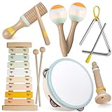 Baby Musical Instruments-Montessori Wooden Toys for Toddlers 1-3,Neutral Colors Percussion Instruments Set with Modern Boho Xylophone for Kids Preschool Educational 3+