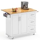 soges Mobile Kitchen Island with Storage and Drop Leaf on Wheels, Rolling Kitchen Island Table Cart with 3 Drawers and Large Storage Cabinets with 2 Doors, Adjustable Shelves, White,10FZSRKI06WH-New