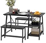 SDHYL Dining Table Set 3 Pieces, 47 inches Dining Table with Shelf, Breakfast Table with 2 Benches, Space Saving Kitchen Table Set with Wine Rack, Glass Holder, Kitchen Table for Small Space, Black